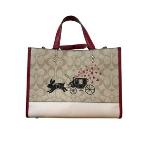 Coach Dempsey Tote 22 Signature Canvas Rabbit Carriage Hearts Red White CF450